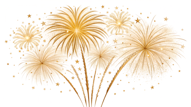 Golden fireworks explode in a celebratory display of light and sparkle isolated on transparent background