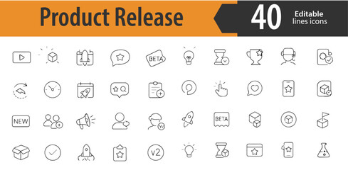 Product Release Line Icons, Release Date, Product Packaging, Marketing, User Guide, Launch Notification, Editable Formats: AI, EPS, PNG, Ideal for Both UI and Print Media Use
