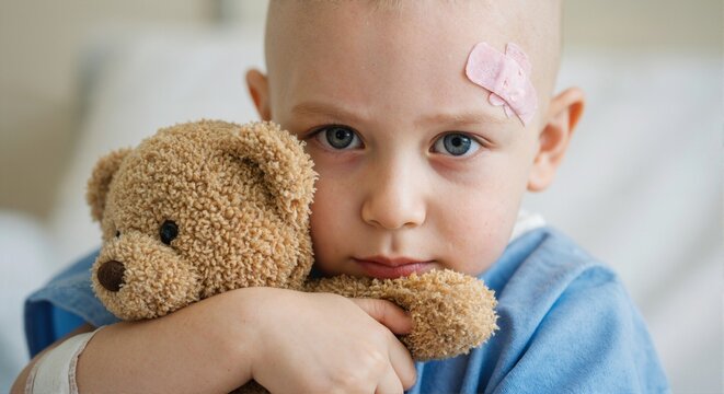 A small child with a bald head, dressed in a hospital gown, hugs a teddy bear. There is a medical plaster on his arm.