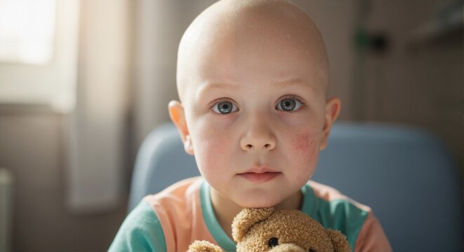 A small bald child in a hospital holding a teddy bear.