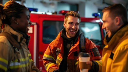 A diverse team of three firefighters, two men and one woman, share a laugh and a coffee during a break in the fire station, showcasing strong camaraderie and a positive team spirit