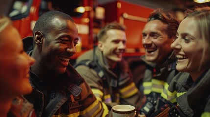 A diverse team of male and female firefighters in uniform share a joyful, candid moment, laughing together during a break at the fire station, with a fire truck in the background
