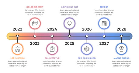 Timeline infographic template with seven years roadmap with colorful gradient line, vector eps10 illustration