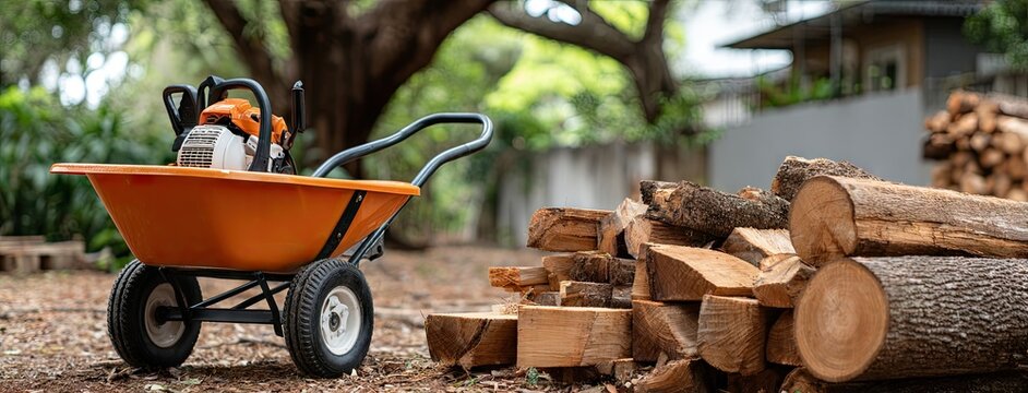 Outdoor forest activity with heavy equipment including wheelbarrows and a chainsaw alongside cut wood and tools in a sunny environment