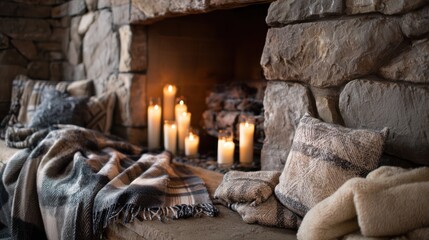 Cozy fireplace scene with candles and blankets