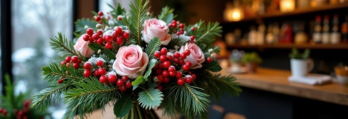 Christmas bouquet with pink roses, pine branches and red berries creating festive atmosphere
