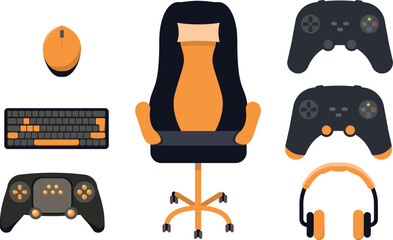 Orange gaming equipment set- gaming chair, headset, joystick, controller, keyboard, mouse