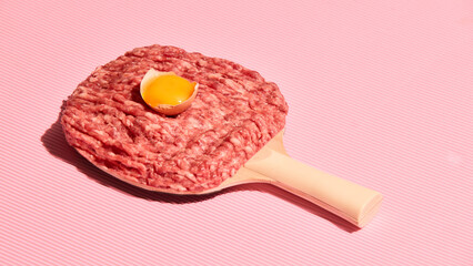 Minced meat and raw egg on ping pong paddle against striped pink background. Concept of culinary...