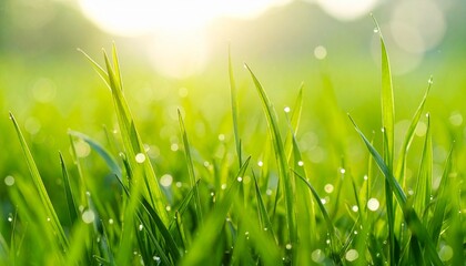 Close-up of fresh green grass with dew in morning sunlight