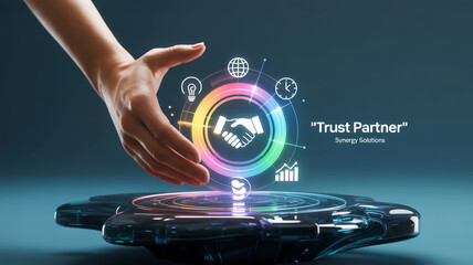 Hand reaching for digital handshake and business icons