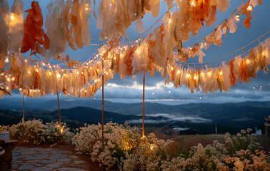 Romantic Mountain View with Decorative Lights at Twilight Warm Illumination Scenic Backdrop