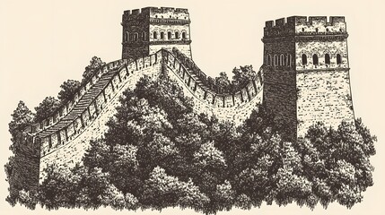 Detailed illustration of a section of the great wall of china.