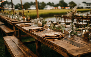 Rustic Wooden Tablescape with Natural Decor for an Outdoor Wedding Reception near Water
