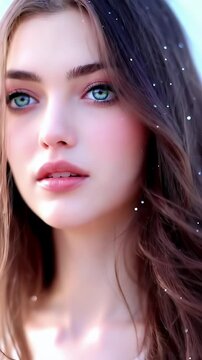 Anime Inspired Portrait of a Sparkling Young Woman with Green Eyes and Flowing Brown Hair in Dreamy Lighting