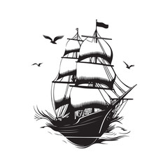 Vector illustration of a pirate ship with waving sails and iconic skull flag details. Perfect for sea adventure themes, pirates, fantasy, and historical stories. © imam