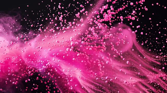 Pink Powder Bubbles: A captivating visual, where a cloud of vibrant pink powder, interspersed with delicate bubbles, gracefully moves against a dark backdrop.