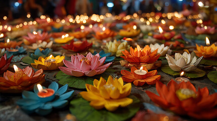 Vibrant Candlelight Lotus Lanterns Floating on Water During Nighttime Celebration
