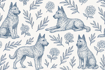 Hand drawn seamless pattern with sketch style Belgian Laekenois dogs sitting and lying among vintage floral leaves and flowers in blue ink on cream background