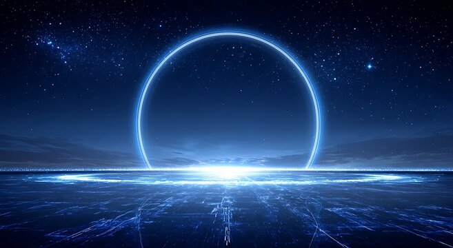 Futuristic blue technology background with circular digital elements, glowing halo center, starry night sky, abstract circuit lines, blank space for product display, sci-fi exploration concept design.