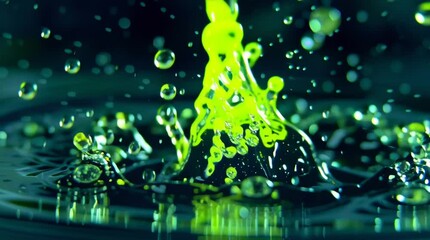 Liquid Cascade: A vibrant splash of bright green liquid, captured mid-air, creates a dynamic display of fluid motion and a dazzling show of water droplets reflecting light. - Powered by Adobe
