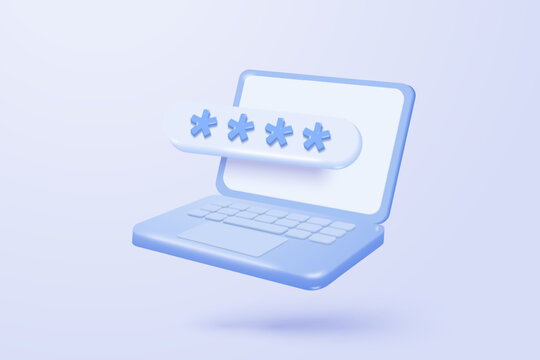 3d laptop screen with lock icon signs for private secure concepts. password firewall secure for protect crime with hacker. 3d notebook password correct buttons icon vector render illustration