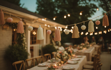 Warm Lit Outdoor Celebration with Long Table and Garland Decor at Dusk in Garden Setting
