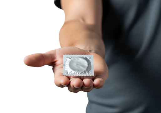 PNG cut out isolated background. A person's open hand, extended towards the viewer, holds a single sealed silver foil condom packet.