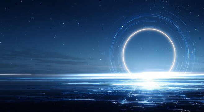 Futuristic blue technology background with circular digital elements, glowing halo center, starry night sky, abstract circuit lines, blank space for product display, sci-fi exploration concept design.