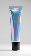Holographic Tube Cosmetic Container with Black Cap on Light Gray Background