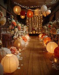 Warmly Illuminated Wedding Aisle with Lanterns Floral Decor and Soft Focus Atmosphere