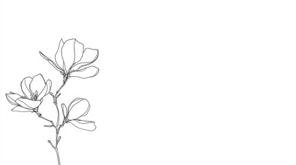 Naklejka premium Minimalist line art of flower branch with delicate petals and leaves on white background, creating natural and elegant botanical design with soft flowing lines