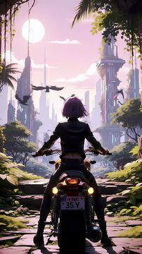 Anime Manga Style Pixelated Motorcycle Ride Towards Futuristic City Scape with Bats at Dusk