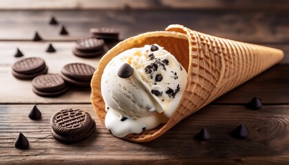 cookies and cream ice cream scoop in waffle cone on rustic wooden table summer dessert