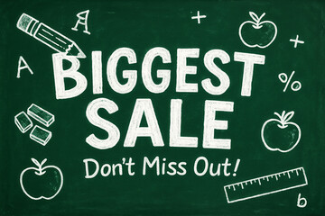 Chalkboard-style illustration announcing a "Biggest Sale" with icons of apples, a ruler, pencil, and percentages, suggesting a back-to-school or promotional theme.