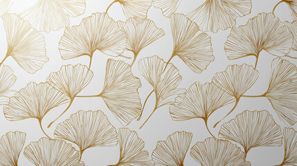 Obraz premium Minimalist natural wallpaper with elegant ginkgo leaves pattern in soft gold lines on light background, creating calm and sophisticated atmosphere for interior design