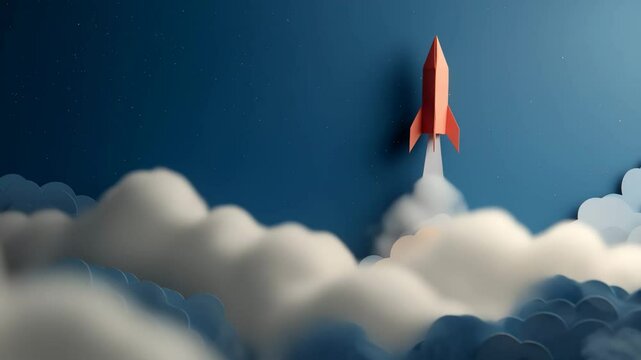 Paper Rocket Soaring Through the Clouds A Motion Blur Illustration of a Bright Red Paper Craft