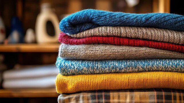 Stack of folded colorful knitted sweaters and a plaid shirt on wooden shelves with laundry products in the background