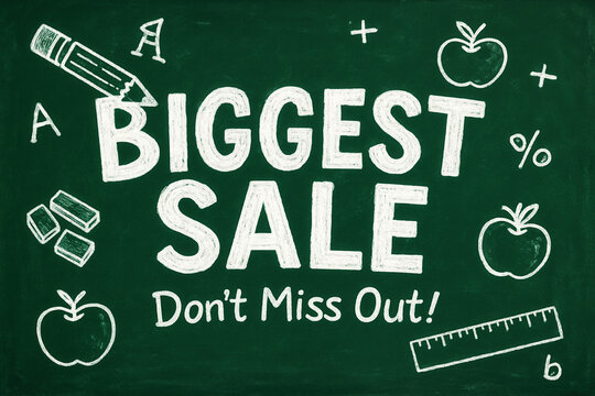 Chalkboard-style illustration announcing a "Biggest Sale" with icons of apples, a ruler, pencil, and percentages, suggesting a back-to-school or promotional theme. - Powered by Adobe