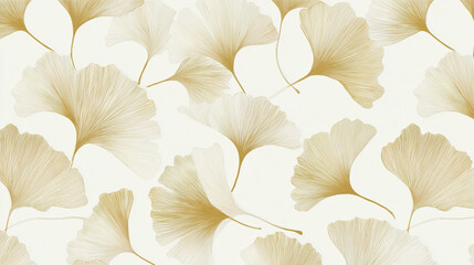 Golden ginkgo leaves pattern on white background creates minimalist natural wallpaper design with elegant fine lines and soft shadows for calm and stylish look
