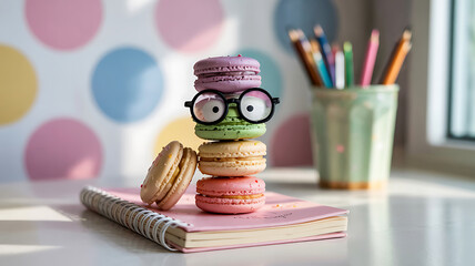 Cute macarons with glasses stacked on a notebook with colorful polka dot background