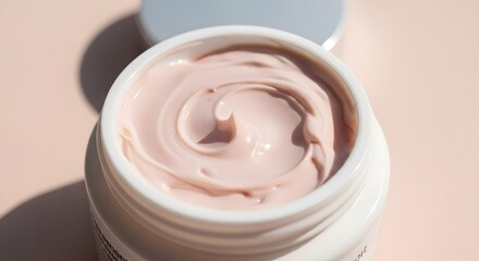 Close-up of a white jar filled with swirled pink cream, with the lid partially visible.