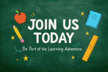 Chalkboard-themed illustration featuring school supplies such as an apple, pencil, ruler, and notebook alongside the text "Join Us Today" promoting a learning adventure.