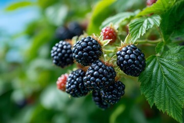 Ripe blackberries growing on a bush in a sunny garden during late summer season