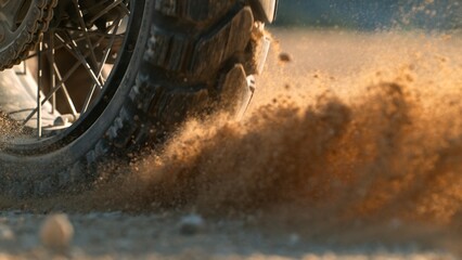 Flying rocks and dust from the wheel of a motocross bike at the start of the race