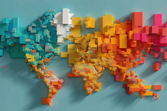 Fototapeta Colorful 3d block map of the world on a light blue background