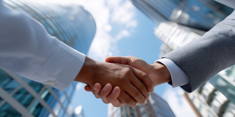 Business meeting handshake between two adult males against urban cityscape