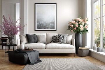 Naklejka premium Modern living room featuring elegant decor with flowers and cozy seating in a sunlit space