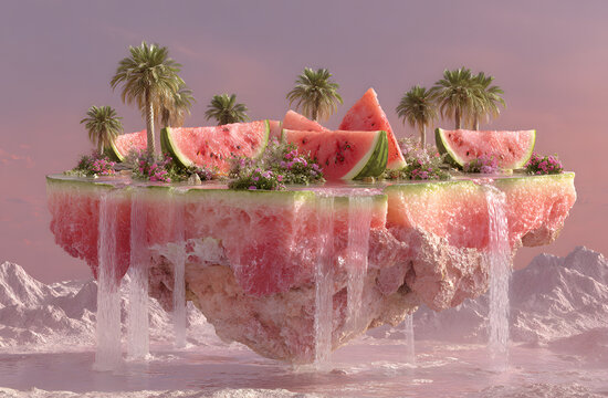 Surreal Watermelon Island Floating in Pink Sky with Juice Waterfalls and Palm Trees, Water Melon Day, Fantacy World, Pinck