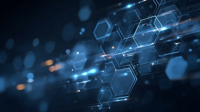 glowing blue blockchain concept with abstract geometric shapes and light effects