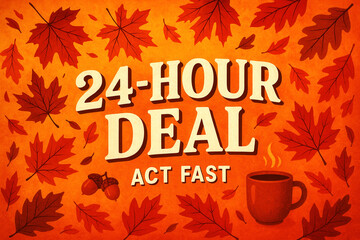 Autumn-themed promotional graphic featuring "24-hour deal" text surrounded by vibrant red and orange leaves, acorns, and a steaming coffee cup, conveying urgency and seasonal shopping.